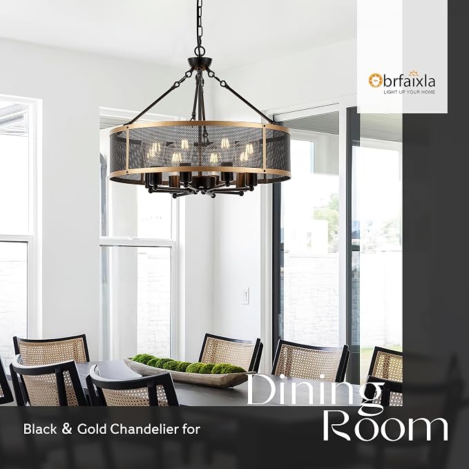 Modern 23" Large Black Gold Mesh Drum Chandelier for Dining Room Industrial Retro Semi Flush Mount 4-Light Round Ceiling Light Fixtures for Kitchen Bedroom Living Room Hallway Entryway Foyer - Image 4