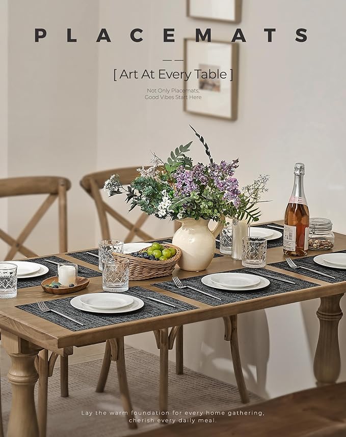 Leetaltree Black and Grey Woven Placemats Set of 12 - Heat Resistant Non-Slip Place mats for Dining Table, Washable Durable PVC Vinyl Woven Table Mats(Black & Grey, 12) - Image 2
