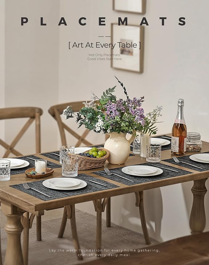 Leetaltree Black and Grey Woven Placemats Set of 24 - Heat Resistant Non-Slip Place mats for Dining Table, Washable Durable PVC Vinyl Woven Table Mats(Black & Grey, 24) - Image 2