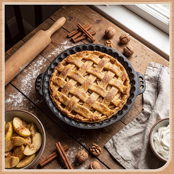 LemonRoad 2 Pcs Cast Iron Pie Pan for Apple Pumpkin Cherry Pies Quiche & Tarts 10" Pan with Crimped Edges and Handles for Thanksgiving Christmas Gift Kitchen Indoor Outdoor Picnic - Image 4