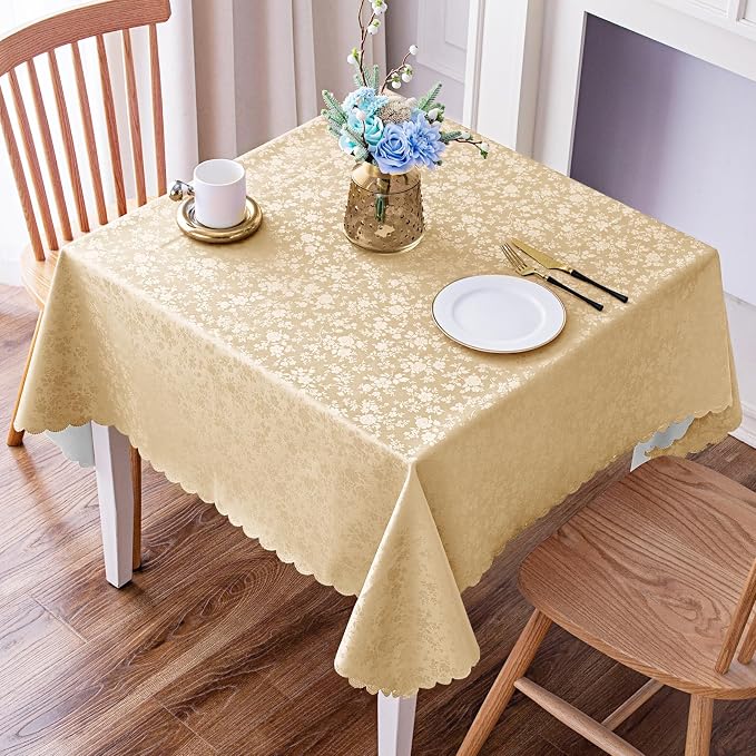 Smiry Square Waterproof Heavy Duty Vinyl Tablecloths, 54 x 54 Inch | Wipeable Washable Floral Embossed Table Cover for Kitchen and Dining Room, Indoor & Outdoor Use, Champagne by Smiry