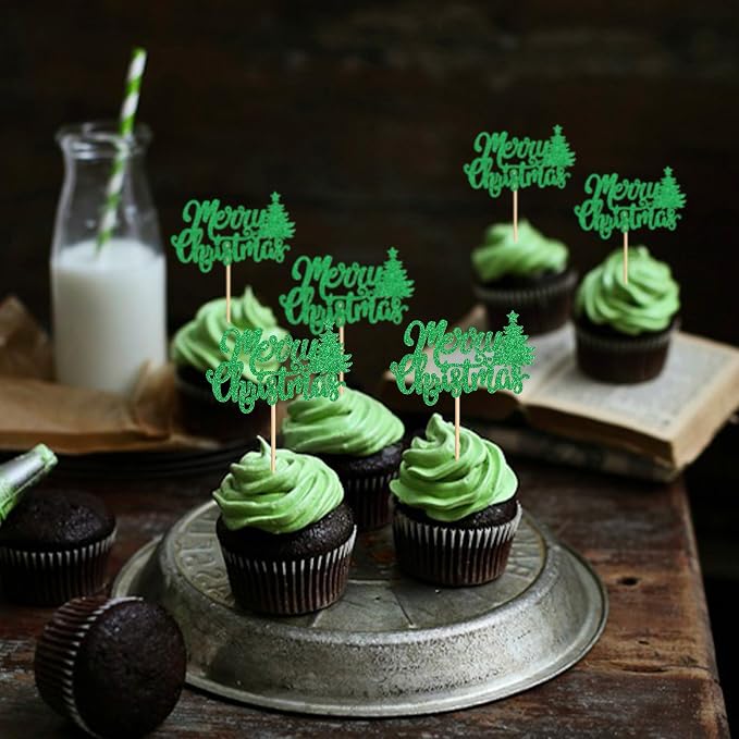 24 Pack Christmas Cupcake Toppers - Merry Christmas & Holiday Cupcake Picks - Boy Girl Baby Shower Birthday Party Cake Decorations - Green - Image 3