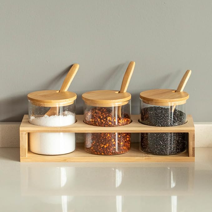 Basicwise 3-Piece Glass Containers with Bamboo Lids and Tray Holder – Decorative Storage for Condiment Pots and Spice Jars - Coffee Station Accessories, Perfect Organizer for Home Kitchen or Café - Image 2