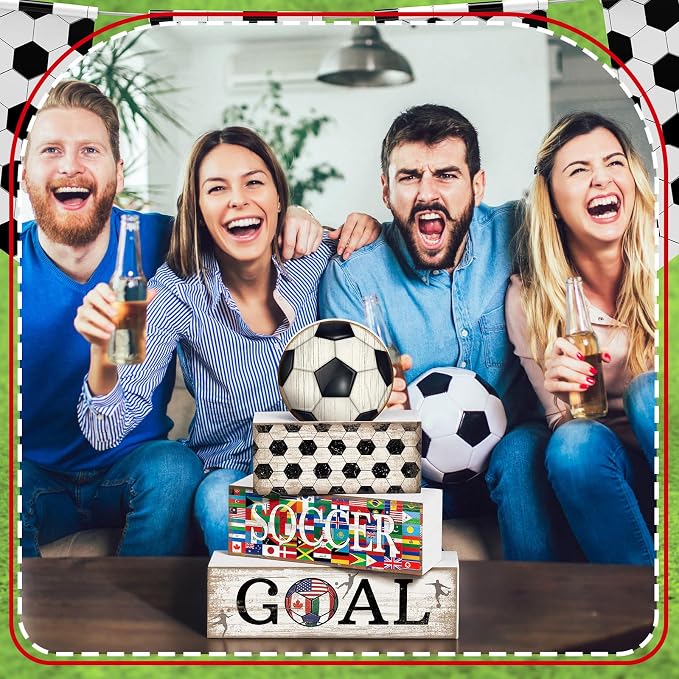 Moucuny 4 Pcs Soccer Table Decor Wooden Sport Tiered Tray Decor National Flags Table Centerpiece Decorative Classic Soccer Block Signs Gift Farmhouse Sports Decoration for Home Kitchen Shelf - Image 4