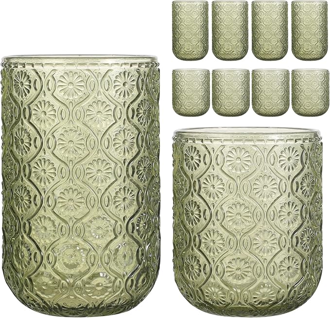 Set of 8 Vintage Embossed Glassware,4 Highball Glasses 14oz & 4 Rocks Drinking Glasses 9oz, Art Deco, for Wine, Water, Cocktail, Juice, Whiskey, Gift (Green) by WeirdUncle