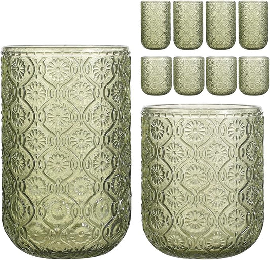 Set of 8 Vintage Embossed Glassware,4 Highball Glasses 14oz & 4 Rocks Drinking Glasses 9oz, Art Deco, for Wine, Water, Cocktail, Juice, Whiskey, Gift (Green) by WeirdUncle