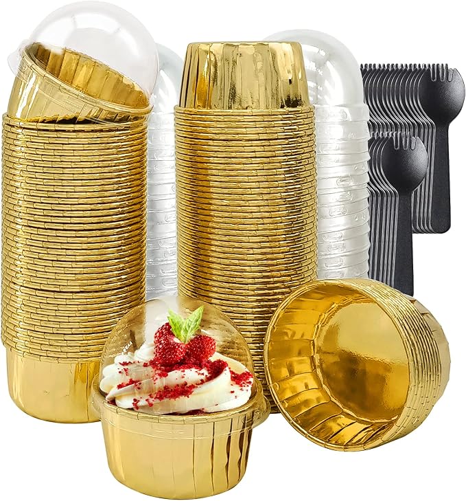 Cupcake Muffin Liners With Lids 100 Pack,LNYZQUS 5.5 Oz Large Foil Baking Cups Muffin Tins,Disposable Ramekins Cupcake Cups Cupcake Wrappers Holders For Wedding Valentine,with Spoons-Gold by LNYZQUS