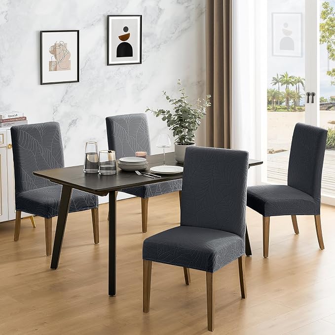 MOSAYT 100% Waterproof Dining Room Chair Covers Set of 6, Super Fit Stretch Jacquard Parson Chairs Slipcovers Removable Washable Chair Seat Protectors for Home, Kitchen, Banquet (Dark Grey - XL) - Image 2