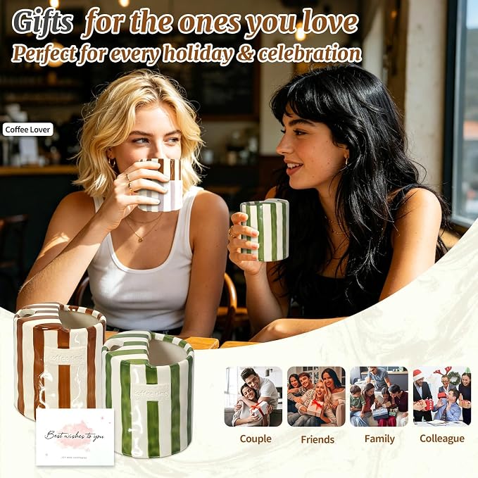 2-Pack 10 oz Ceramic Coffee Mug with Sip Hole & Silicone Sleeve | Cute Hand-Painted Striped Porcelain, Gift for Coffee Lover, Cold & Hot Drinks, Microwave & Dishwasher Safe, Green, Brown - Image 6