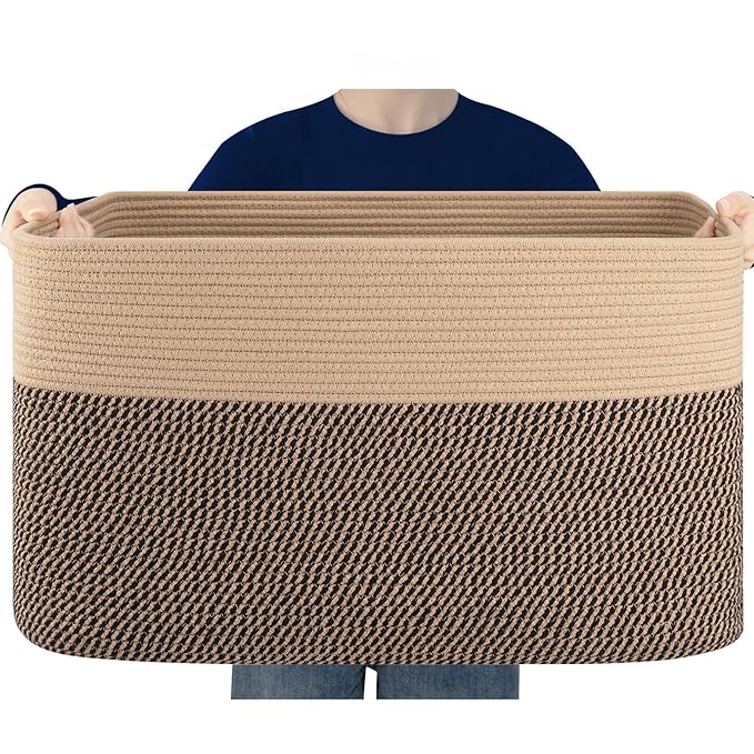 Extra Large Blanket Basket, Toy Basket Bin for Kids, Cotton Rope Woven Storage Basket for Living Room, Nursery, Baby Room Decorative Organizer, 24''×16''×15'', Brown & Black