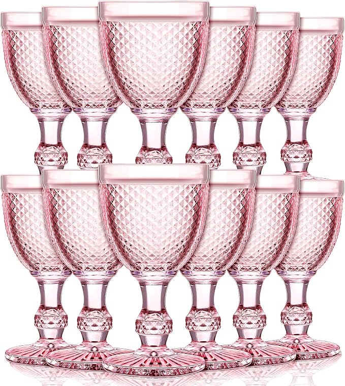 Bokon 12 Pack Pink Glass Goblets Set 10 oz High Clear Wine Glass Vintage Water Goblets Cups Embossed Diamond Design Glassware with Stem for Drinking Juice Liquor Party Wedding Bar by Bokon