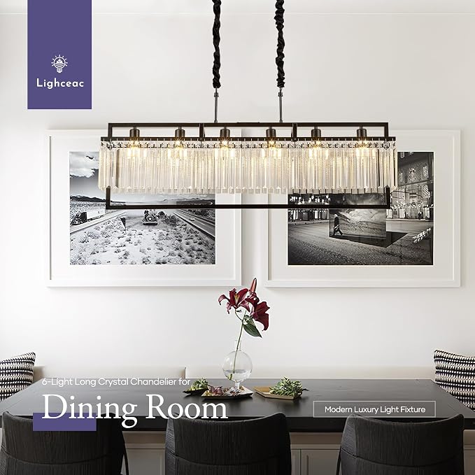 43.7" Modern Black Crystal Chandeliers for Dining Room, Luxury Rectangle 6-Light Kitchen Island Lighting, Linear Hanging Ceiling Pendant Light Fixture for Pool Table Entryway Foyer Hallway - Image 5