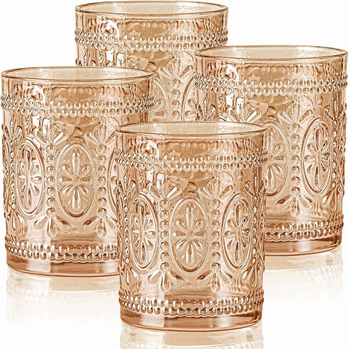 abrwyy Amber Glassware set of 4, Vintage Drinking Glasses, 10oz Heavy Duty Glass Cups, Colored Glassware Set, Embossed Glasses Set for Party Wedding Home Office Gift by abrwyy