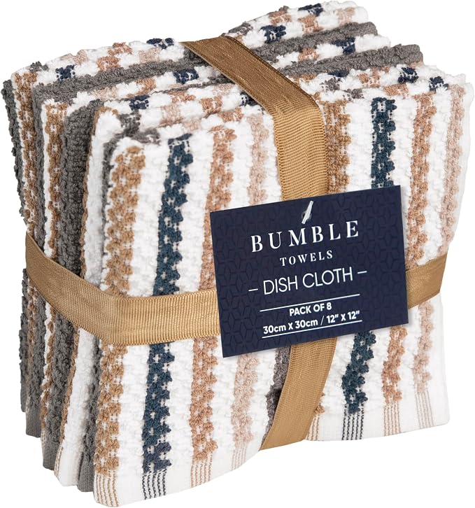Bumble Dish Cloths 8-Pack, Cotton Kitchen Towels, 12"x12" Grey Wide Stripes | 430 GSM Soft Dish Towels for Kitchen, Highly Absorbent & Durable Kitchen Rags for Washing Dishes - Image 3