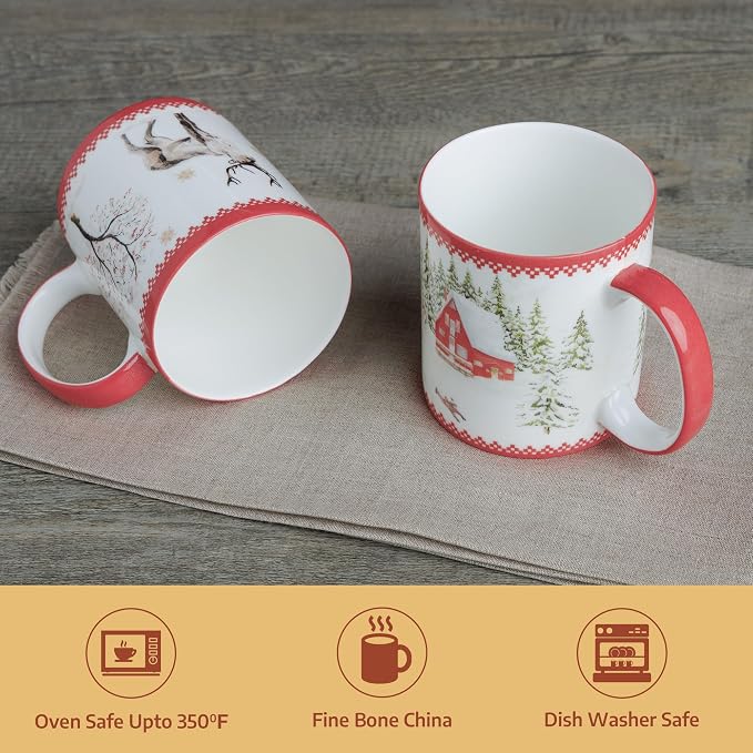 Maison d' Hermine Coffee Mug with Handles Tea Cups (12 Ounce, Pack of 2) | Fine Bone China Coffee Mugs for Hot Beverages Cappuccino Latte Home Restaurant Hotel Spring Summer -Rural Christmas - Image 7