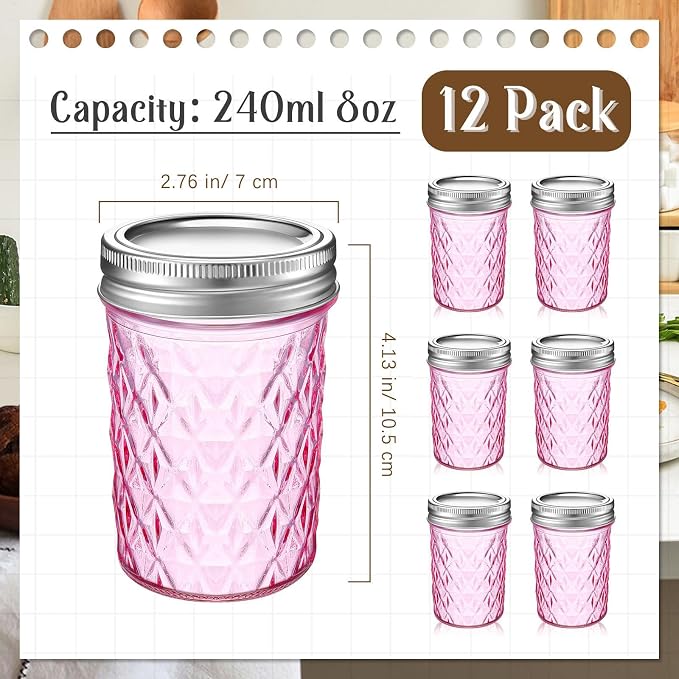 Zhehao 12 Pack 8 oz Colored Mason Jars with Lids, Mini Regular Mouth Canning Jelly Honey Jars for Wedding Shower Favors DIY Candle Holding Spice Jam Fruit Smoothie Salad Dressing Ketchup (Pink) - Image 2
