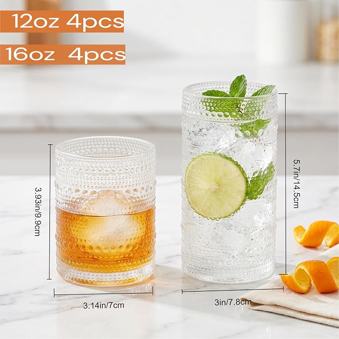 Vintage Hobnail Drinking Glasses Set of 8, Clear 16 oz Highball Glasses & 12 oz Cocktail Glasses Set, Kitchen Drinkware Glassware,Embossed Water Tumbler for Beer, Juice, Whiskey, Milk - Image 2