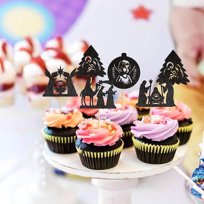25Pcs Religious Baby Cupcake Toppers Black Glitter Christmas Cake Picks for Christian Baby Shower Birthday Party Cake Decorations - Image 5