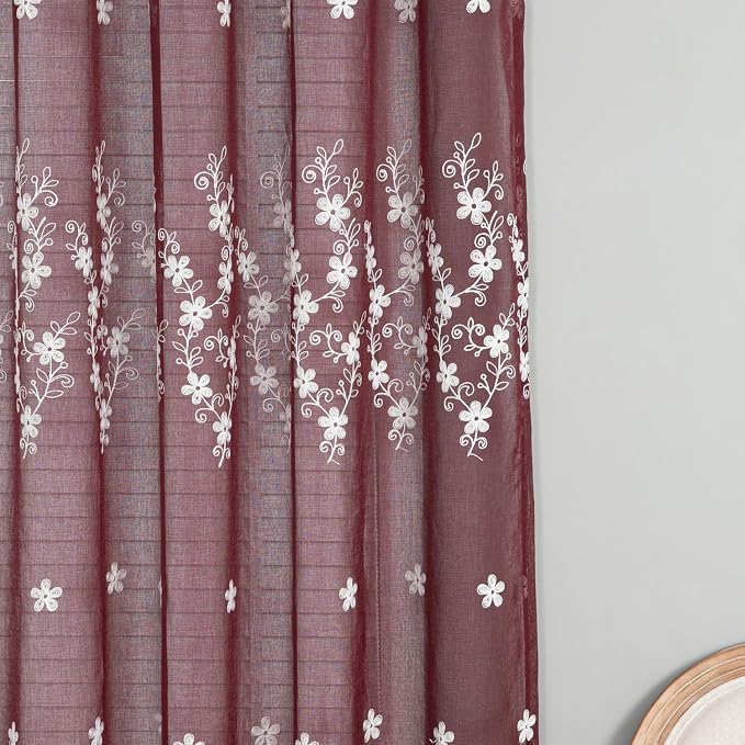 Red Sheer Curtains 84 Inches Long 2 Panels, White Floral Pattern Drapes for Living Room, Light Filtering Rod Pocket Window Treatments for Office, 54 x 84 Inches - Image 4