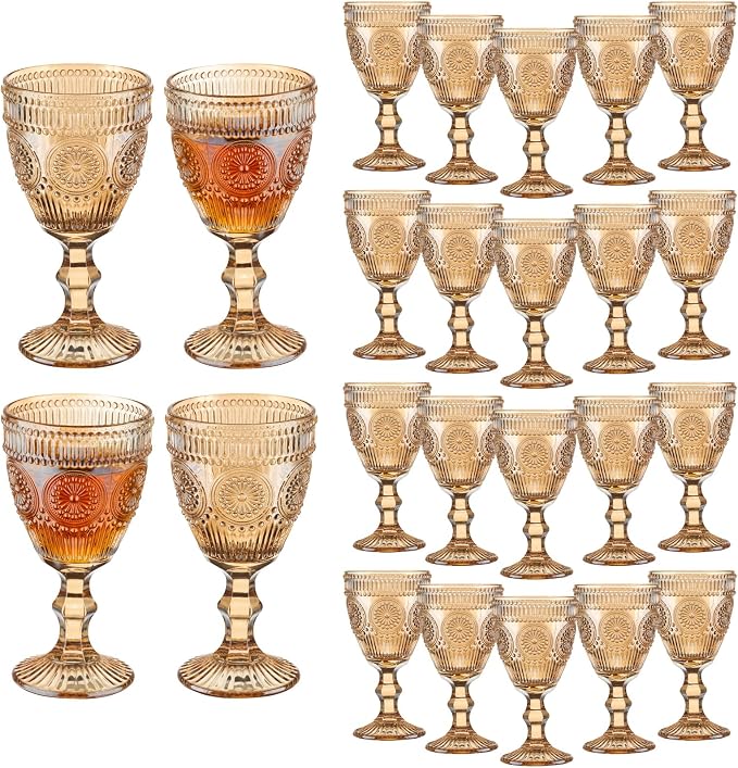 24 Pcs Vintage Wine Glasses, 10 Oz Colored Glass Water Goblets, Unique Flower Embossed Pattern High Clear Stemmed Glassware Wedding Party Bar Glass Drinking Cups Flower Amber Fancy Glasses Set of 24 by XKXKKE