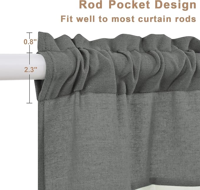 Likiyol Linen Valances for Windows Farmhouse Window Valances with Ruffle Rustic Country Light Filtering Kitchen Valance Curtains Rod Pocket Valance for Bathroom Cafe, Grey White, 52" W X 18" L - Image 5