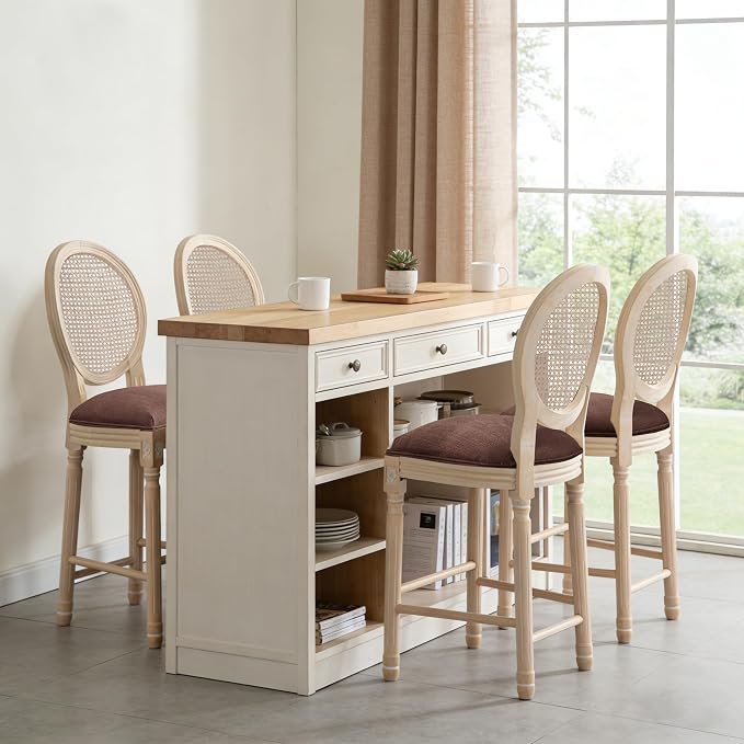 French Country Barstool, Linen Farmhouse Counter Height Chair | Set of 4, with Rattan Round Back and Solid Wood Legs, Oval Chairs for Restaurant, Bar, Kitchen, Café, Brown - Image 2