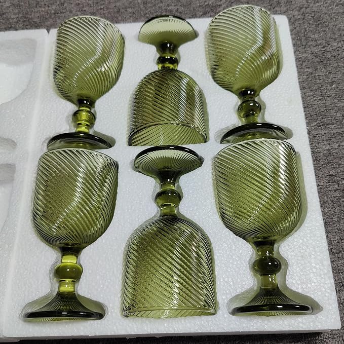 Taganov Green Glasses Drinking Wine Water Goblets Glassware set of 6 Vintage Stem Glasses Stemware 12 Ounces for Wedding Party Bar Twill Pattern Striped 350 ml - Image 2