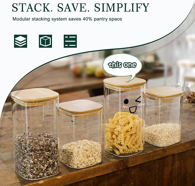 LIBWYS Kitchen Glass Jars Set with Bamboo Lids for Storage (1pcs - 1.67Qt) | Stackable Square Food Jars for Pantry Organization, Coffee, Flour, Snacks, Tea, Sugar | Kitchen Canisters Set - Image 5