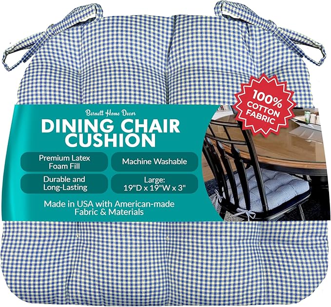 Barnett Home Decor Madrid Dark Blue Dining Chair Pad with Ties - 19 x 19 Size Large Chair Cushion - Latex Foam Fill - Machine Washable, 100% Cotton, Made in USA (Blue Gingham) by BarnettHomeDecor