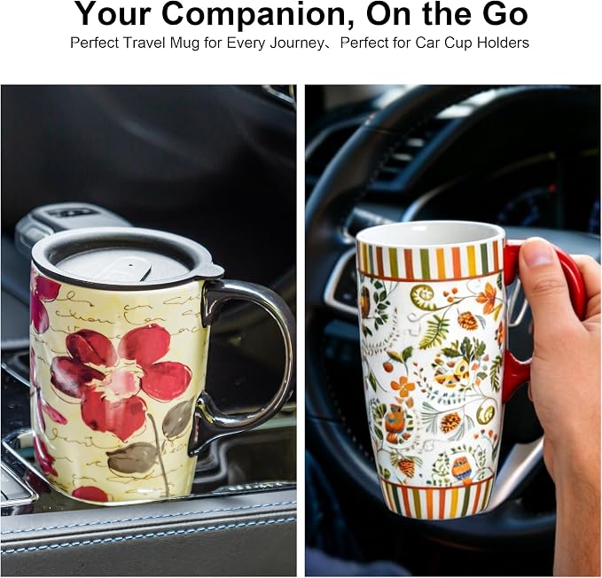 Topadorn Set of 2 Ceramic Travel Mug with Lid, 17oz Ceramic Coffee Mug | Nature Inspired Floral & Woodland Design, Microwave & Dishwasher Safe, Gift Boxes Included - Image 5