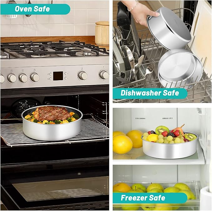 TeamFar Cake Pan, Stainless Steel Round Baking Pans Set for Layer Cake Pie | 6'' & 8'' & 9½'', Smash Cake Pan Tins 3”H, Baking Steaming Serving at Wedding Camping Bakery, Oven & Dishwasher Safe - 3 PCS - Image 4