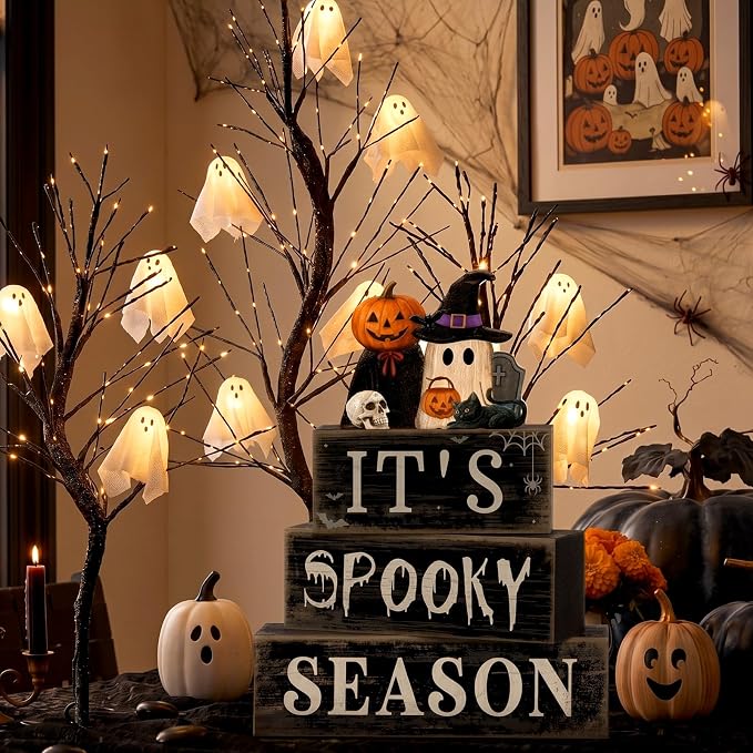 Moucuny 4 Pcs Halloween Table Decoration Pumpkin Ghost Wooden Stacked Block Decor, "It's Spooky Season" Centerpiece Signs, Rustic Gothic Halloween Tiered Tray Decoration for Home Office Kitchen Shelf - Image 7