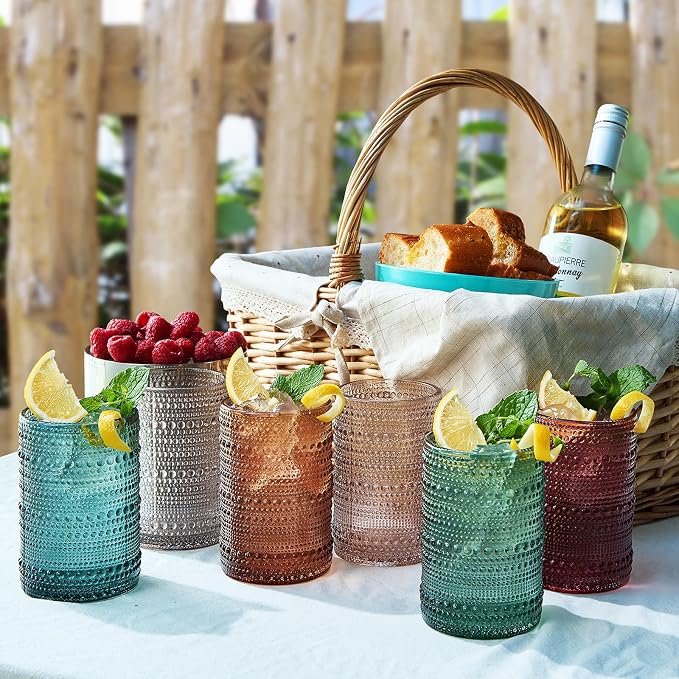 Khen Hobnail Beaded Highball Drinking Tumbler Glasses | Set of 6 | Color, Vintage Bubble Design Whiskey Glassware, Old-Fashioned, Embossed Design for Water, Wine, Cocktail Embossed, Rocks Glass - Image 4