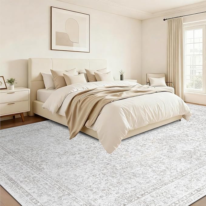 10x14 Area Rugs for Living Room: Washable Large Vintage Floral Rug Low Pile Non-Slip Boho Carpet for Bedroom Home Office Dining Room (FloralGrey, 10'x14') - Image 2