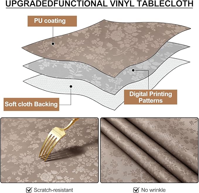 Smiry Round Waterproof Heavy Duty Vinyl Tablecloths, 60 x 60 Inch | Wipeable Washable Floral Embossed Table Cover for Kitchen and Dining Room, Indoor & Outdoor Use, Taupe - Image 5