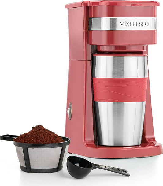 Mixpresso Single Serve & Single Cup Coffee Maker with 14oz Travel Mug Red | For ground coffee only, reusable filter, auto shut off. Compact personal drip coffee maker, not compatible with K-Cup pods. by Mixpresso