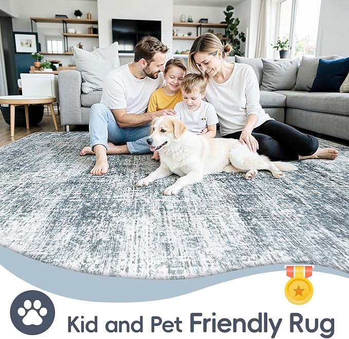 10x14 Area Rug for Living Room Bedroom: Non-Slip Modern Light Slate Blue | Machine Washable TPR Backing, Stain-Resistant Low Pile, Pet & Kid Friendly, Abstract Decor for Dining Room, Dorm, Home Office - Image 4