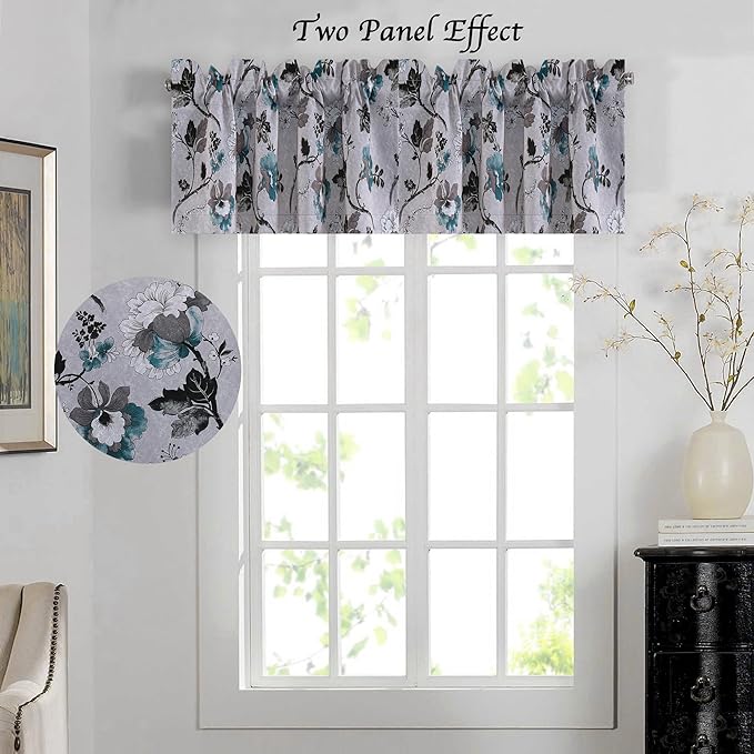 H.VERSAILTEX Blackout Curtain Valances for Kitchen Window/Living Room/Bathroom Privacy Added Rod Pocket Home Decoration Winow Valance, 52" W x 18" L, Floral in Grey and Teal - Image 3
