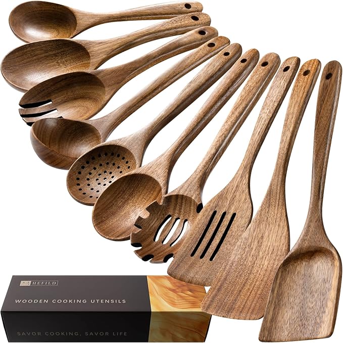 Wooden Spoons for Cooking, 10-Piece Acacia Wood Cooking Utensil Set | Spoons and spatulas stir, mix, flip and serve; balanced handles offer control while staying gentle on nonstick cookware. by HEFILD