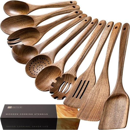 Wooden Spoons for Cooking, 10-Piece Acacia Wood Cooking Utensil Set | Spoons and spatulas stir, mix, flip and serve; balanced handles offer control while staying gentle on nonstick cookware. by HEFILD