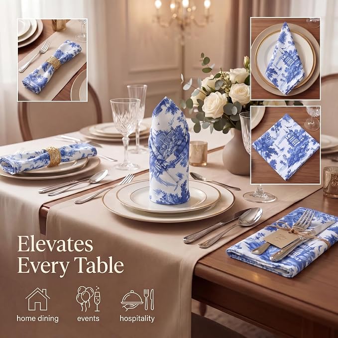 Urban Villa Cloth Napkins Cotton 20x20 (Set of 12) Toile Blue - Image 2