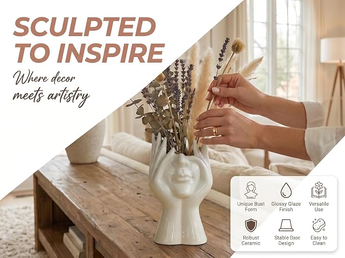 Face Flower Vase,White Ceramic Body Vase, Decorative Vase Dining Table Centerpiece,Modern Small Vase for Coffee Table Bathroom Shelf Living Room Decor 3.54'' W X 7.3'' H - Image 2
