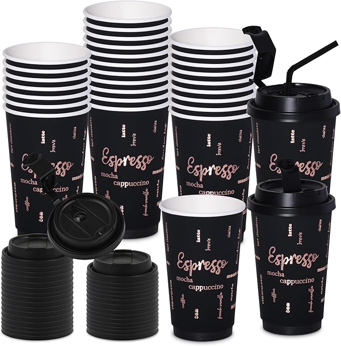 16oz Premium Disposable Coffee Cups, Double-Wall Insulated Paper Cups with Flip-Top Lids, No Sleeves Needed, To-Go Cups for Coffee, Tea, Hot Chocolate, Events, Rose Gold Print (Black, 60ct)