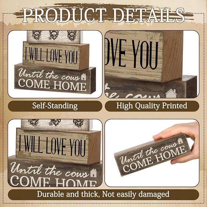 Moucuny 4 Pcs Highland Cow Table Decorations Rustic Western Tiered Tray Decor Decorative Highland Cow Block Signs Western Tabletop Centerpieces Farmhouse for Home Desk Room Kitchen Shelf Decor - Image 5