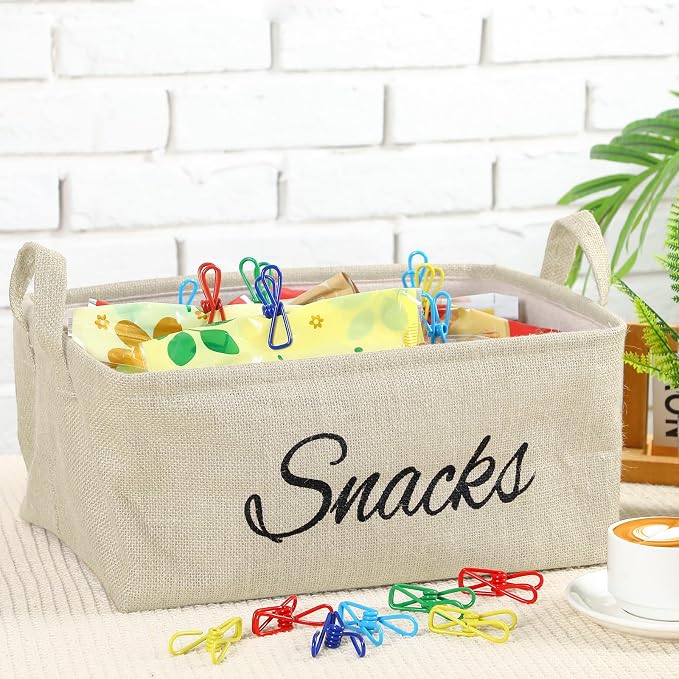 17 Pcs Snack Basket Sets, Snack Storage Bin for Pantry Shelves with 16 Pcs 2 Inch Chip Clips, Basket Organizer for Kitchen, Chips, Popcorn, Candy, Pretzels (Cream-colored,Burlap) - Image 2