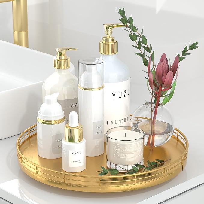 Oroyutor 12-Inch Oak Lazy Susan Decorative Tray with Gold Metal Rail | Rotating oak tray organizes spices, toiletries and decor on kitchen counters, bathroom vanities, dining and coffee tables. by Oroyutor