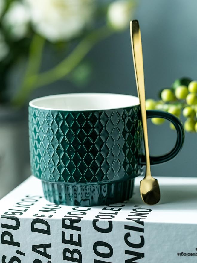 LYEOBOH Coffee Mug Set Porcelain Stackable Coffee Mugs with Stand and Spoons, 13 OZ. Cappuccino Cup Demitasse Cups for Drinks, Espresso, Latte,Set of 4, Dark Green - Image 8