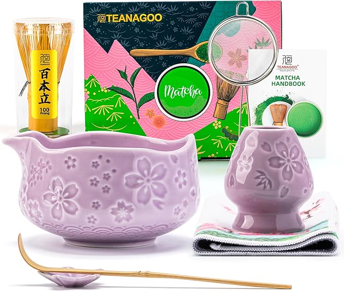 TEANAGOO 7-PCS Purple Matcha Whisk Set with Cherry Blossom Design, Complete Ceremony Kit, Ceramic Chawan Bowl with Spout, Whisk & Accessories, Traditional Matcha Tea Set for Lattes& Gift Giving