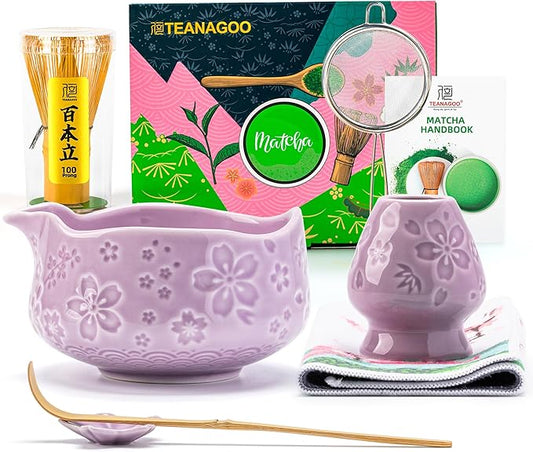 TEANAGOO 7-PCS Purple Matcha Whisk Set with Cherry Blossom Design, Complete Ceremony Kit, Ceramic Chawan Bowl with Spout, Whisk & Accessories, Traditional Matcha Tea Set for Lattes& Gift Giving
