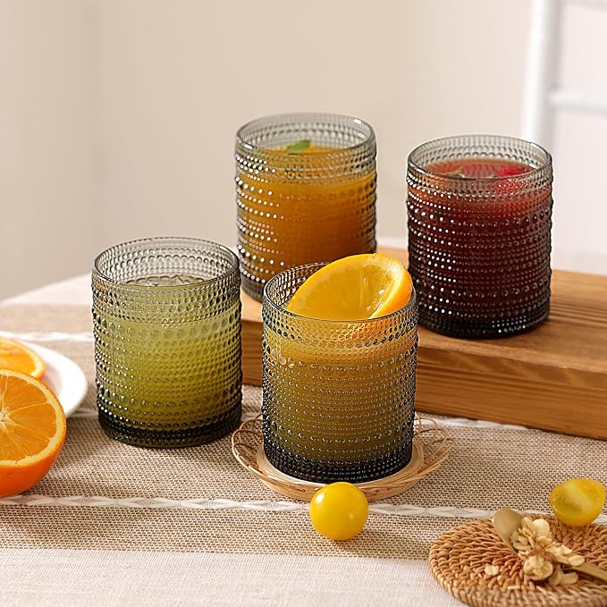 Moretoes 10oz Gray Hobnail Drinking Glasses Set of 6 Cocktail Glasses | Vintage Old Fashion Glassware, Textured Glass Cups Bubble Glasses Water Glasses Jupiter Glasses Set - Image 2